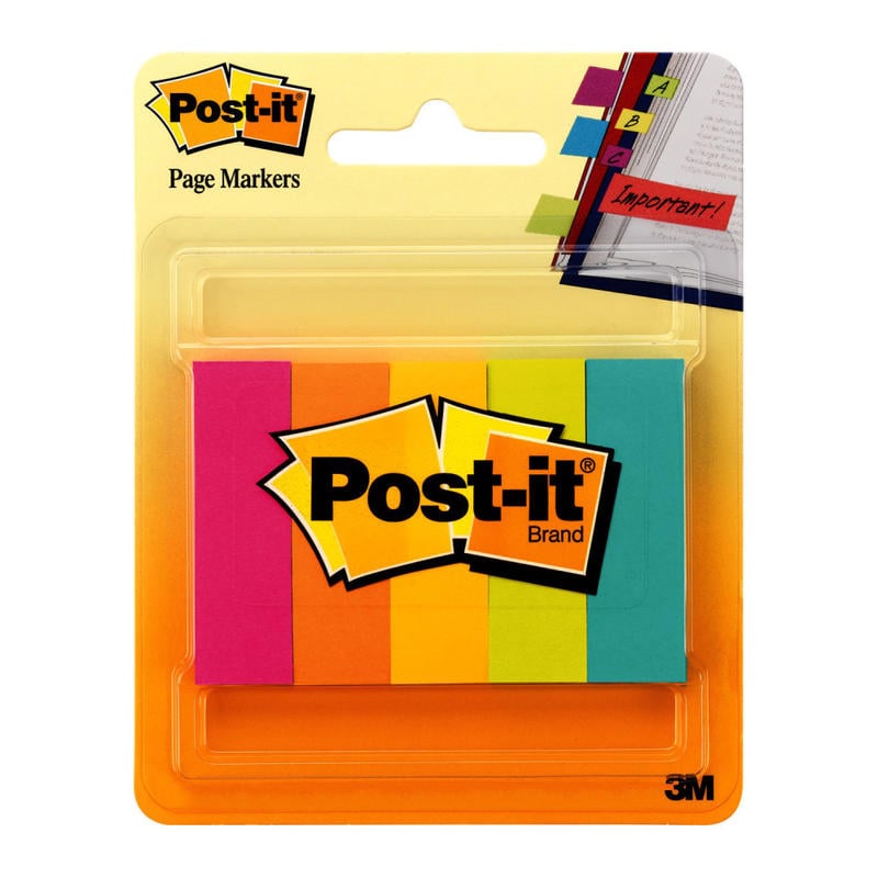 Post-it Notes Page Markers, 1/2in x 2in, Electric Glow Colors, 100 Per Pad, Pack Of 5 Pads MPN:670-5AN