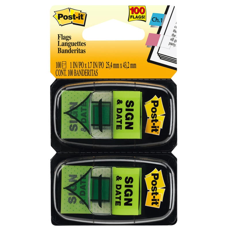 Post-it Notes Sign & Date Printed Flags, 1in x 1-7/10in, Green, 50 Flags Per Pad, Pack Of 2 Pads MPN:680-SD2
