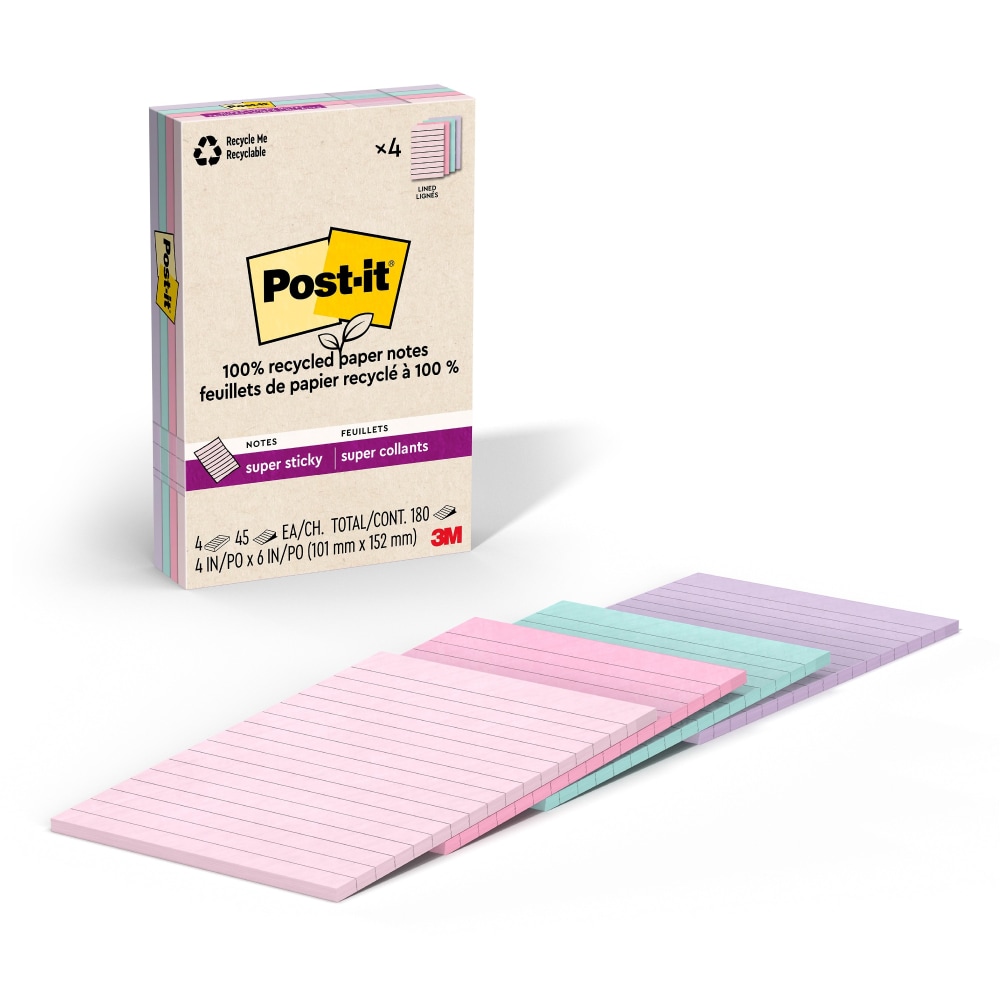 Post-it 100% Recycled Paper Lined Super Sticky Notes, 180 Total Notes, Pack Of 4 Pads, 4in x 6in, Wanderlust Pastels, 45 Notes Per Pad MPN:4621R-4SSNRP