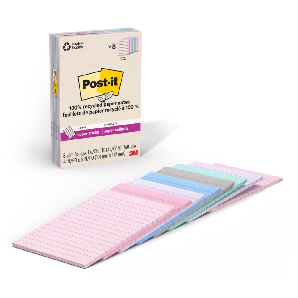 Post-it Paper Super Sticky Notes, 360 Total Notes, Pack Of 8 Pads, 4in x 6in, 100% Recycled, Wanderlust Pastels, 45 Sheets Per Pad MPN:4621R-8SSNRP