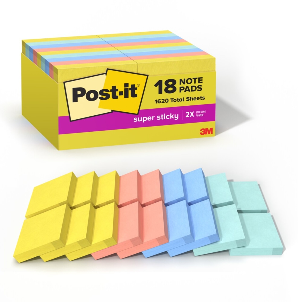 Post-it Super Sticky Notes, 1-7/8 in x 1-7/8 in, 18 Pads, 90 Sheets/Pad, 2x the Sticking Power, Summer Joy Collection MPN:622-18SSJOY-CP