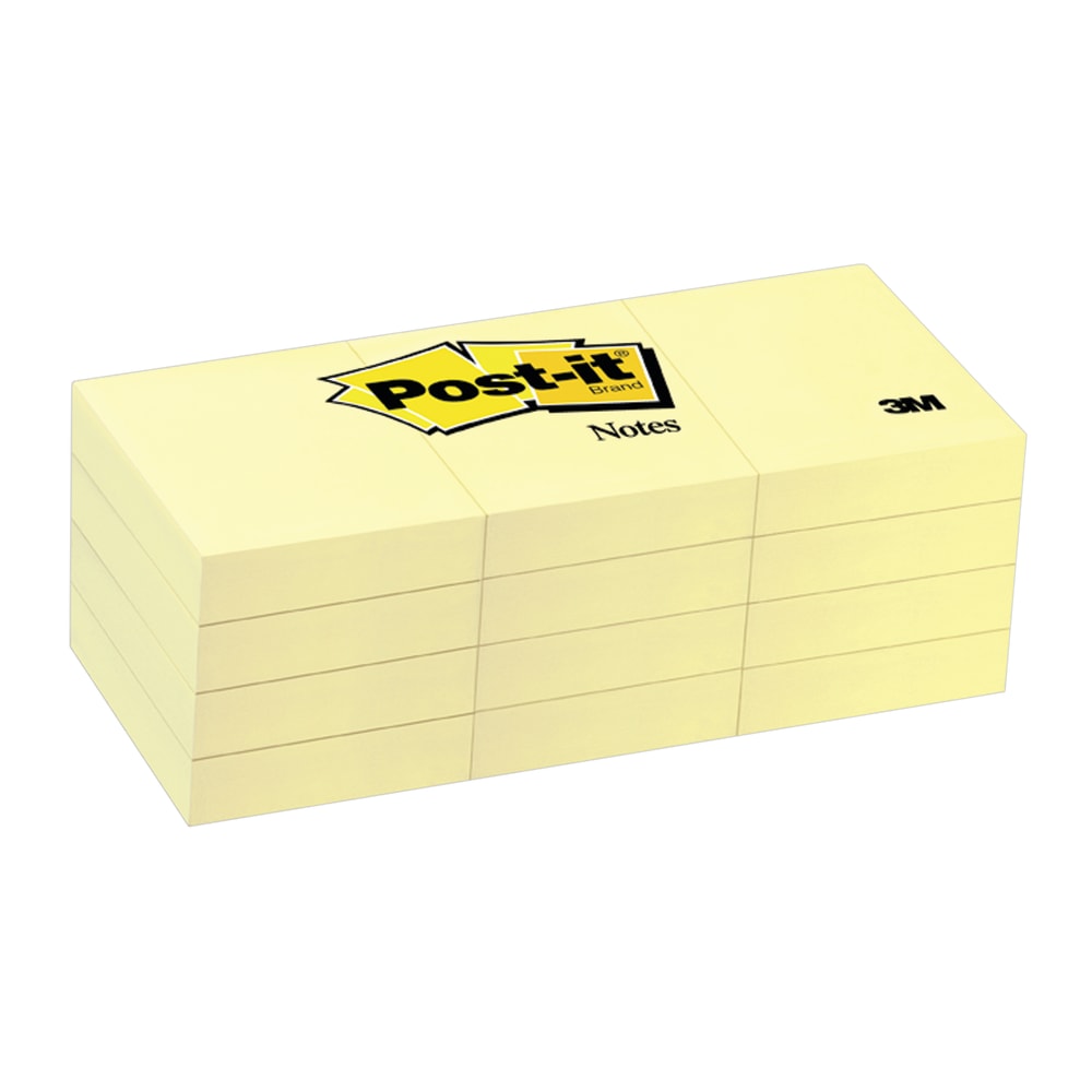 Post-it Notes, 1 3/8 in x 1 7/8 in, 12 Pads, 100 Sheets/Pad, Clean Removal, Canary Yellow (Min Order Qty 8) MPN:653