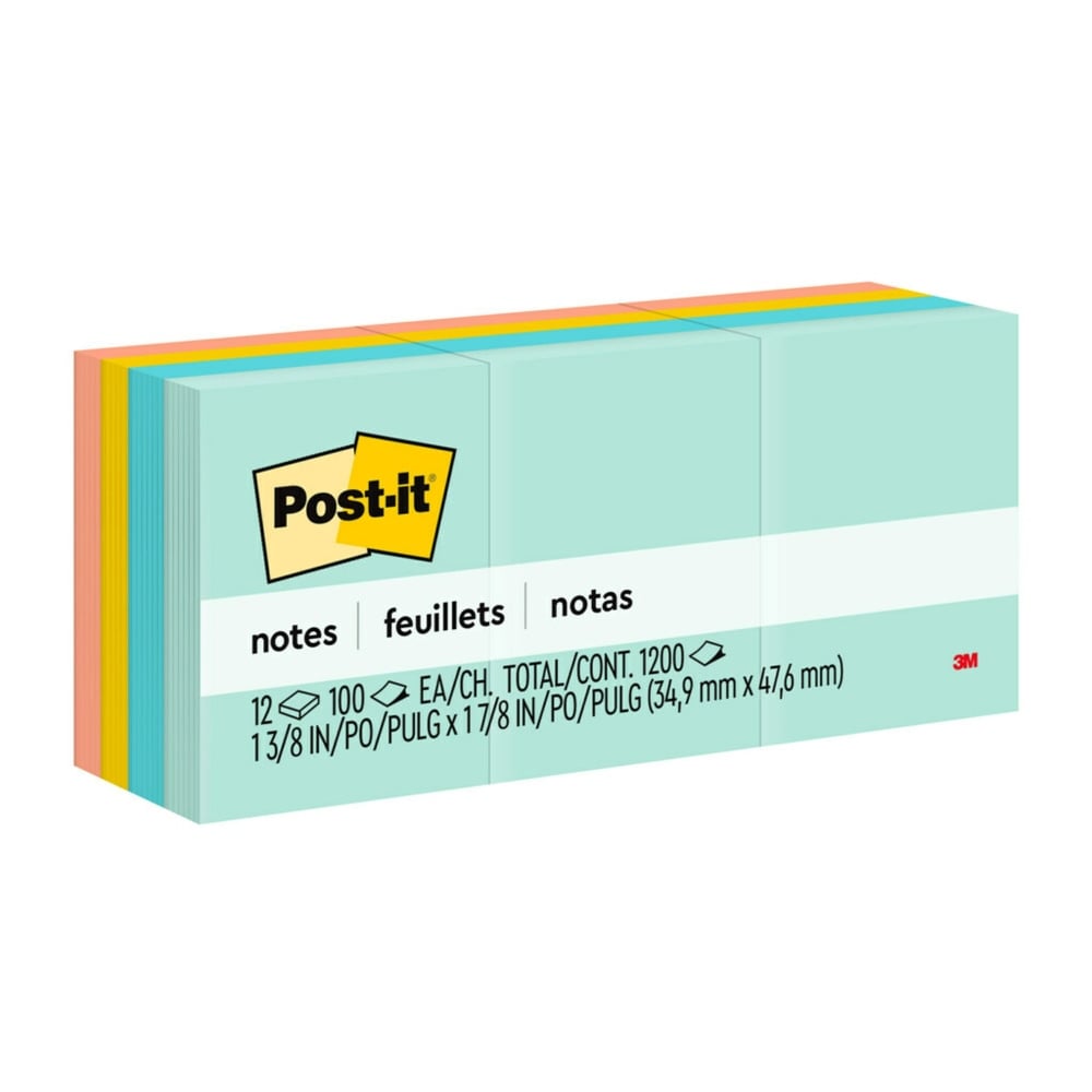 Post-it Notes, 1 3/8 in x 1 7/8 in, 12 Pads, 100 Sheets/Pad, Clean Removal, Beachside Cafe Collection (Min Order Qty 8) MPN:653-AST