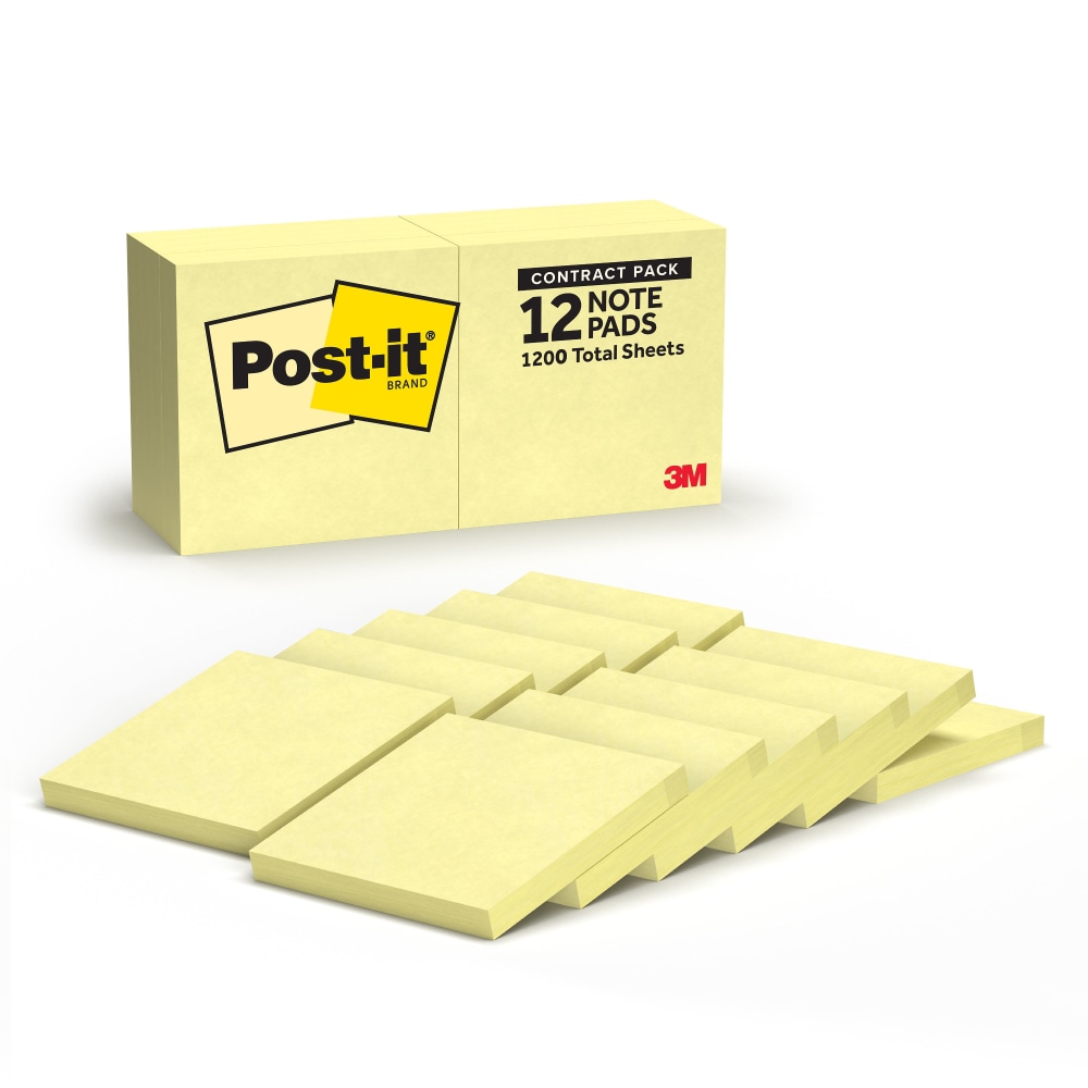 Post-it Sticky Notes, 3 in x 3 in, 12 Pads, 100 Sheets/Pad, School and Office Supplies, Canary Yellow MPN:654-12CY-SV