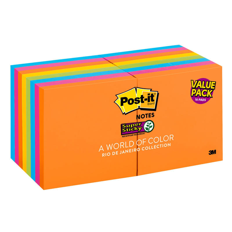 Post-it Super Sticky Notes, 3 in x 3 in, 16 Pads, 90 Sheets/Pad, 2x the Sticking Power, Energy Boost Collection (Min Order Qty 4) MPN:654-12SSAU+4