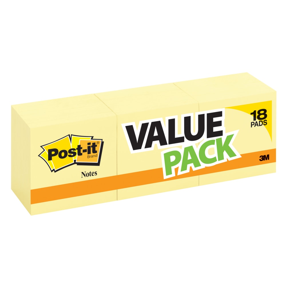 Post-it Notes, 3 in x 3 in, 18 Pads, 100 Sheets/Pad, Clean Removal, Canary Yellow (Min Order Qty 4) MPN:654-14+4YW