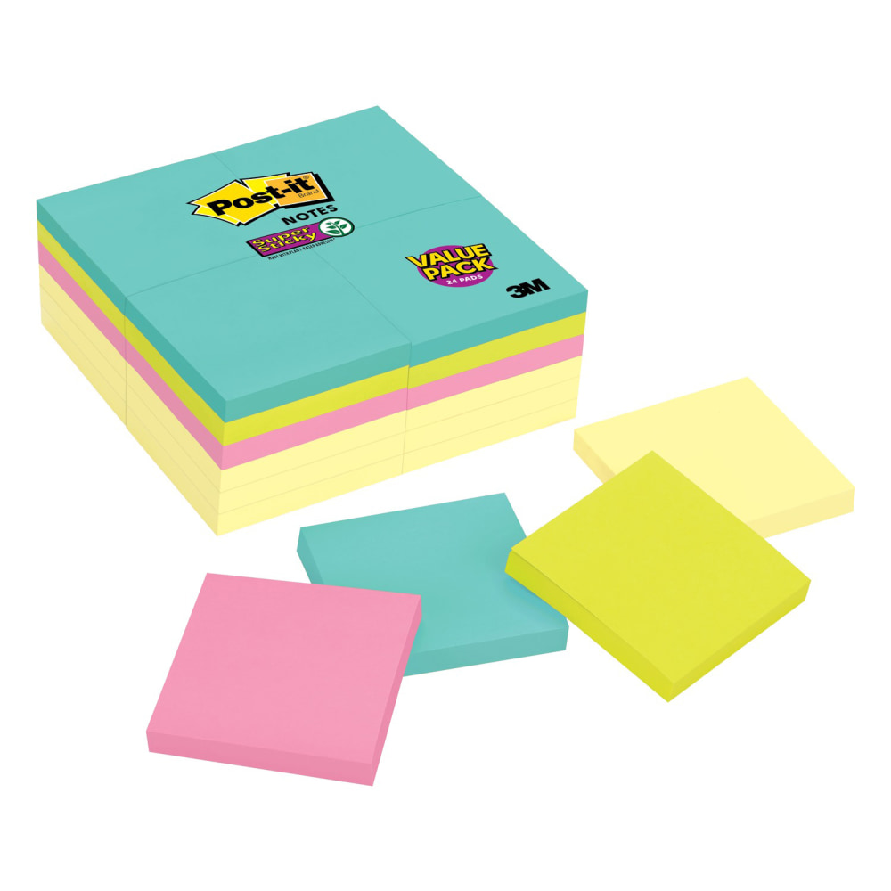 Post-it Super Sticky Notes, 3 in x 3 in, 24 Pads, 90 Sheets/Pad, 2x the Sticking Power, Supernova Neons Collection (Min Order Qty 3) MPN:654-24SSCYM