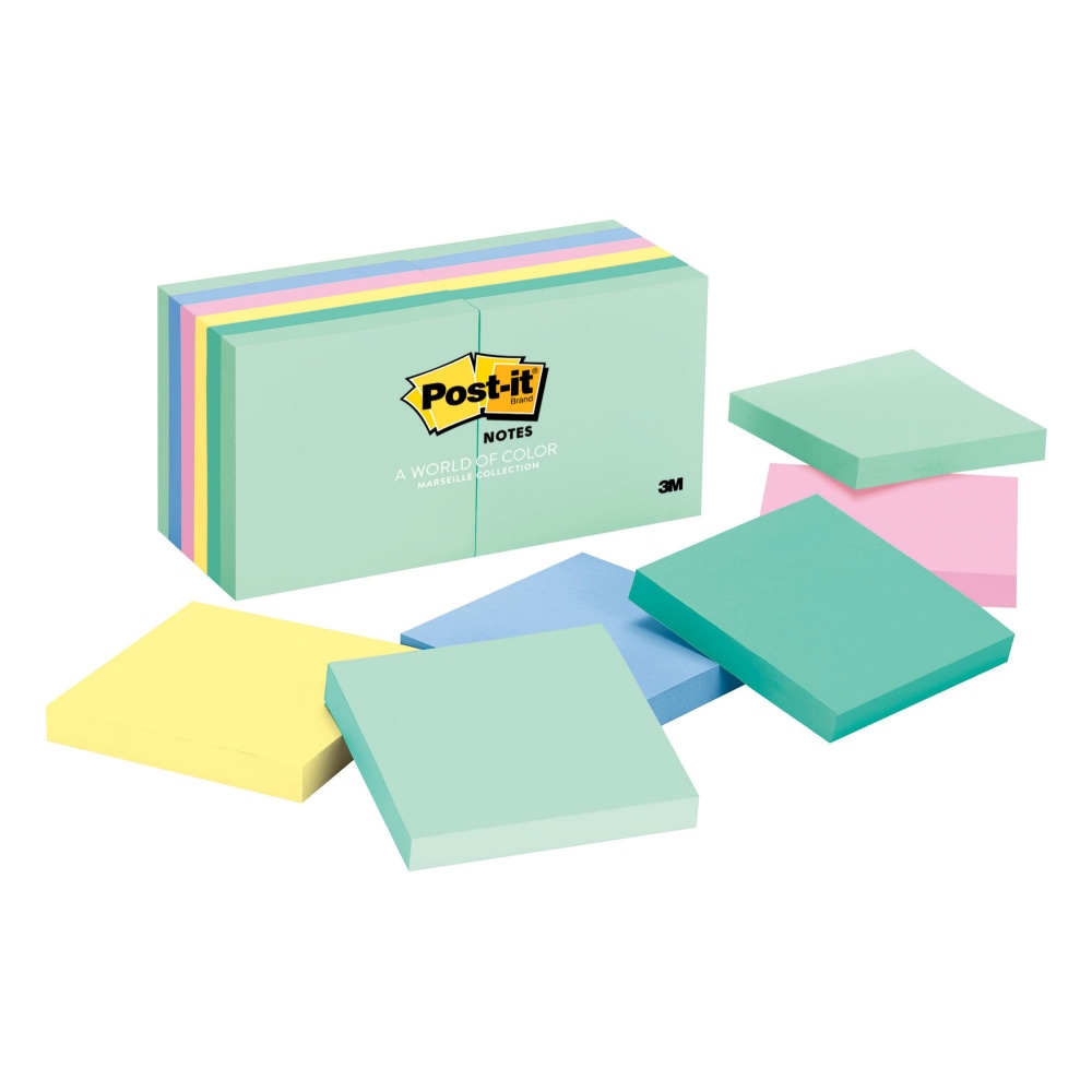 Post-it Notes, 3 in x 3 in, 12 Pads, 100 Sheets/Pad, Clean Removal, Beachside Cafe Collection (Min Order Qty 4) MPN:654-AST