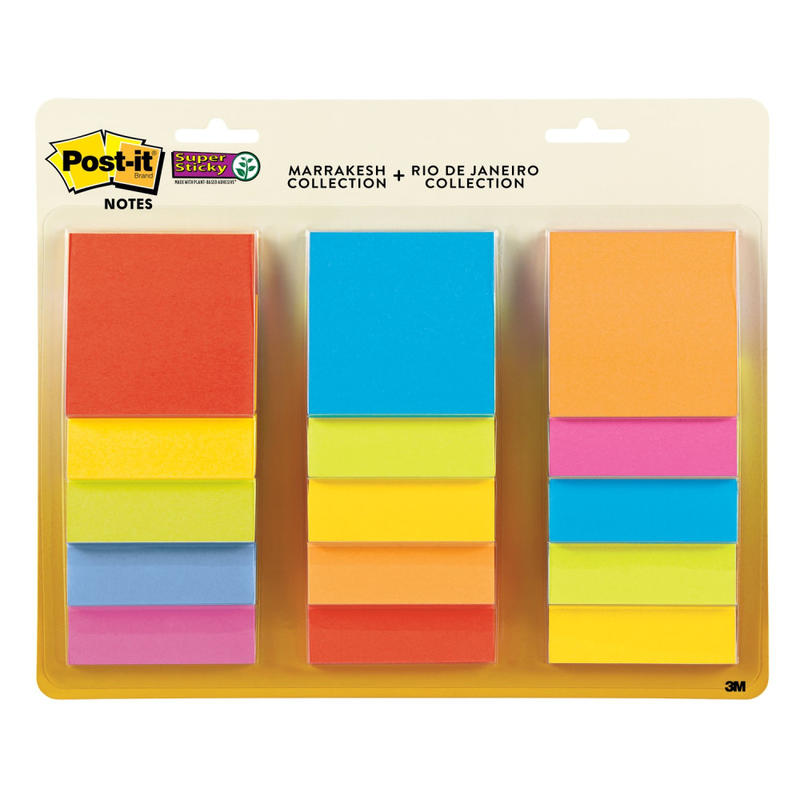 Post-it Super Sticky Notes, 3 in x 3 in, 15 Pads, 45 Sheets/Pad, 2x the Sticking Power, Playful Primaries and Energy Boost Collections (Min Order Qty 5) MPN:65415SSMULTI