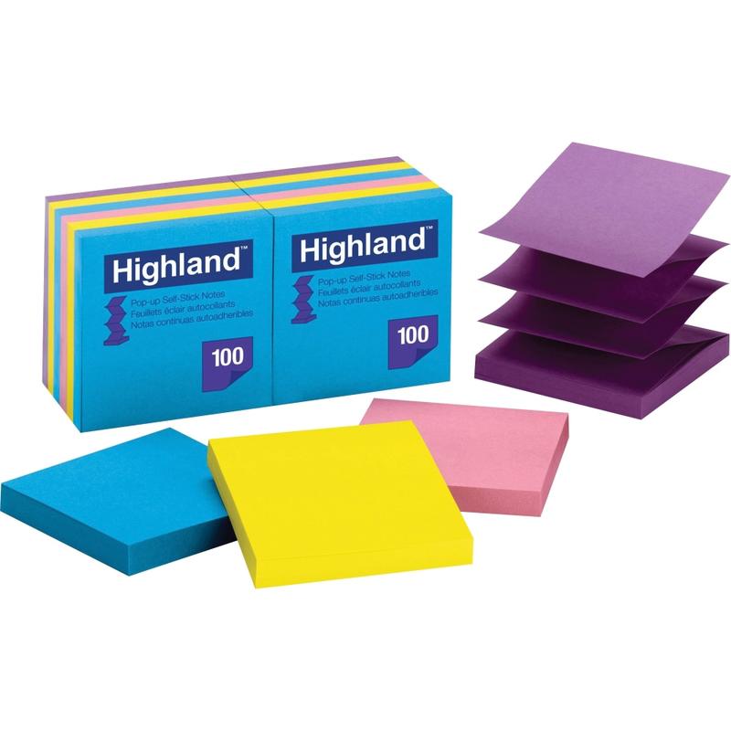 Highland Self-sticking Bright Pop-up Notepads - 1200 - 3in x 3in - Square - 100 Sheets per Pad - Unruled - Bright Assorted - Paper - Self-adhesive, Repositionable, Removable, Pop-up - 12 / Pack (Min Order Qty 7) MPN:6549-PUB