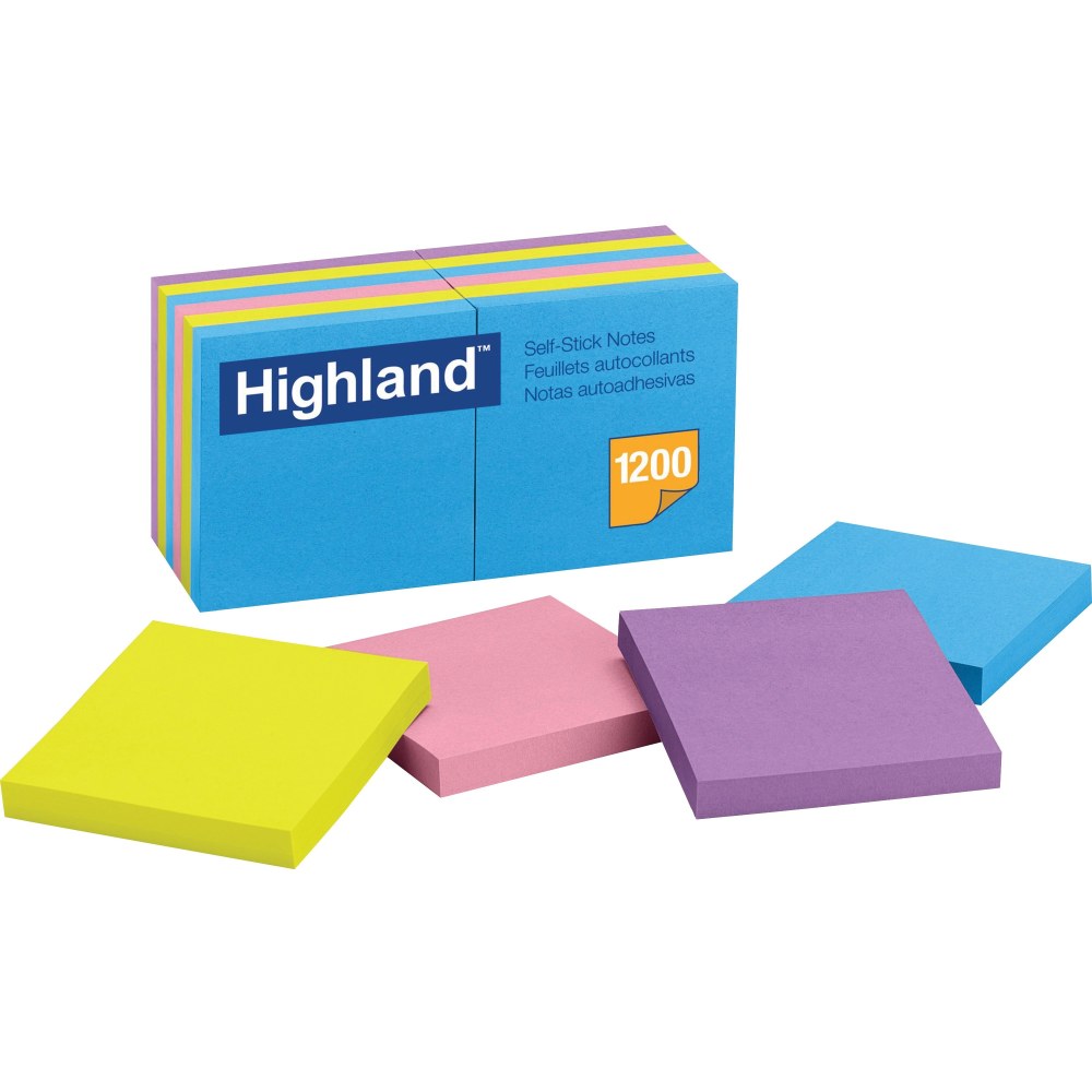Highland Self-Stick Notes, 3in x 3in, Assorted Bright Colors, 100 Sheets Per Pad, Pack Of 12 Pads (Min Order Qty 8) MPN:6549B