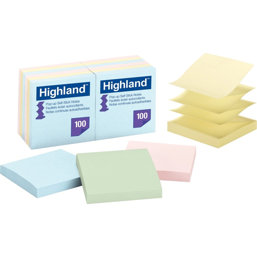 Highland Self-Sticking Pop-up Notes, 3in x 3in, Assorted, Pack of 12 Pads (Min Order Qty 8) MPN:6549PUA