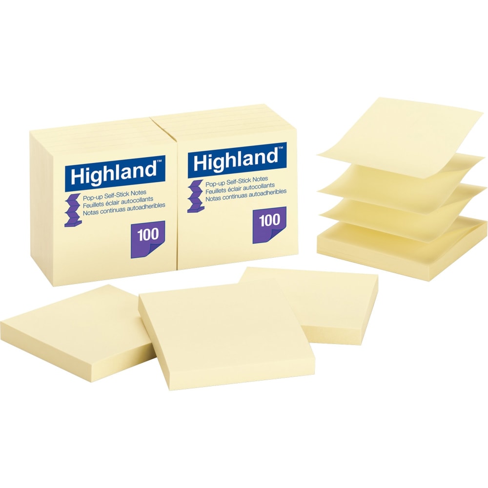 Highland Repositionable Pop-up Notes, 3in x 3in, Yellow, 1 Dozen 100-Sheet Pads (Min Order Qty 9) MPN:6549PUY