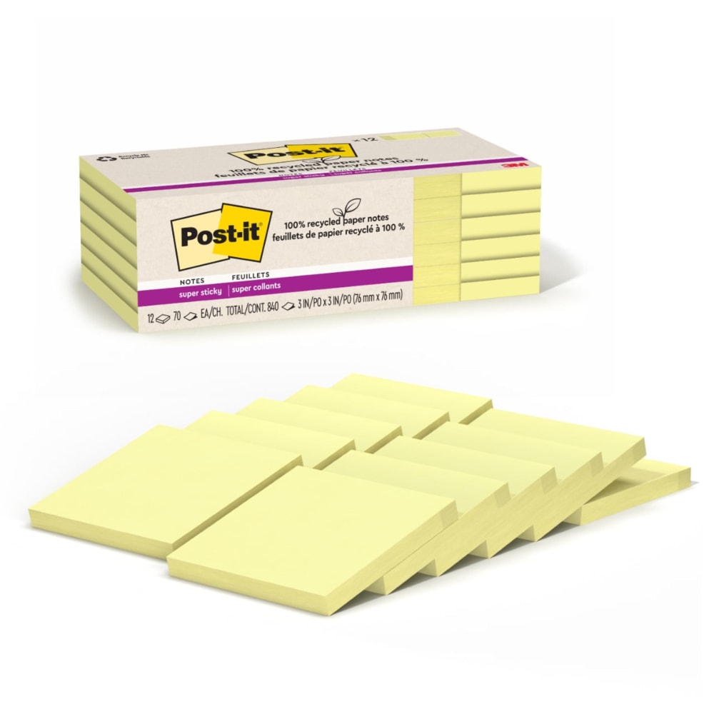 Post-it Super Sticky Recycled Notes, 3 in x 3 in, 12 Pads, 70 Sheets/Pad, 2x the Sticking Power, Canary Yellow, 100% Recycled MPN:654R-12SSCY
