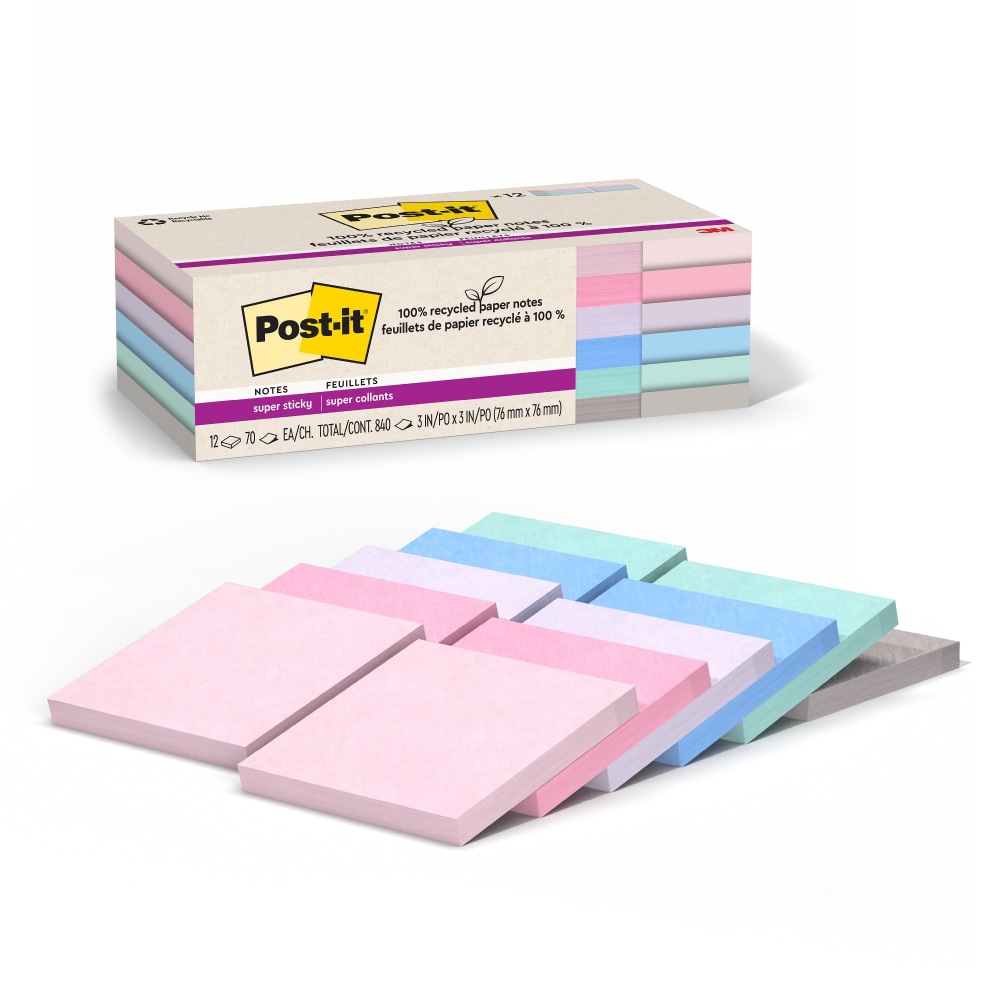 Post-it Super Sticky 100% Recycled Paper Notes, 3 x 3 in, 12 Note Pads, 70 Sheets/Pad, 2X the Sticking Power, School Supplies, Wanderlust Pastels MPN:654R-12SSNRP