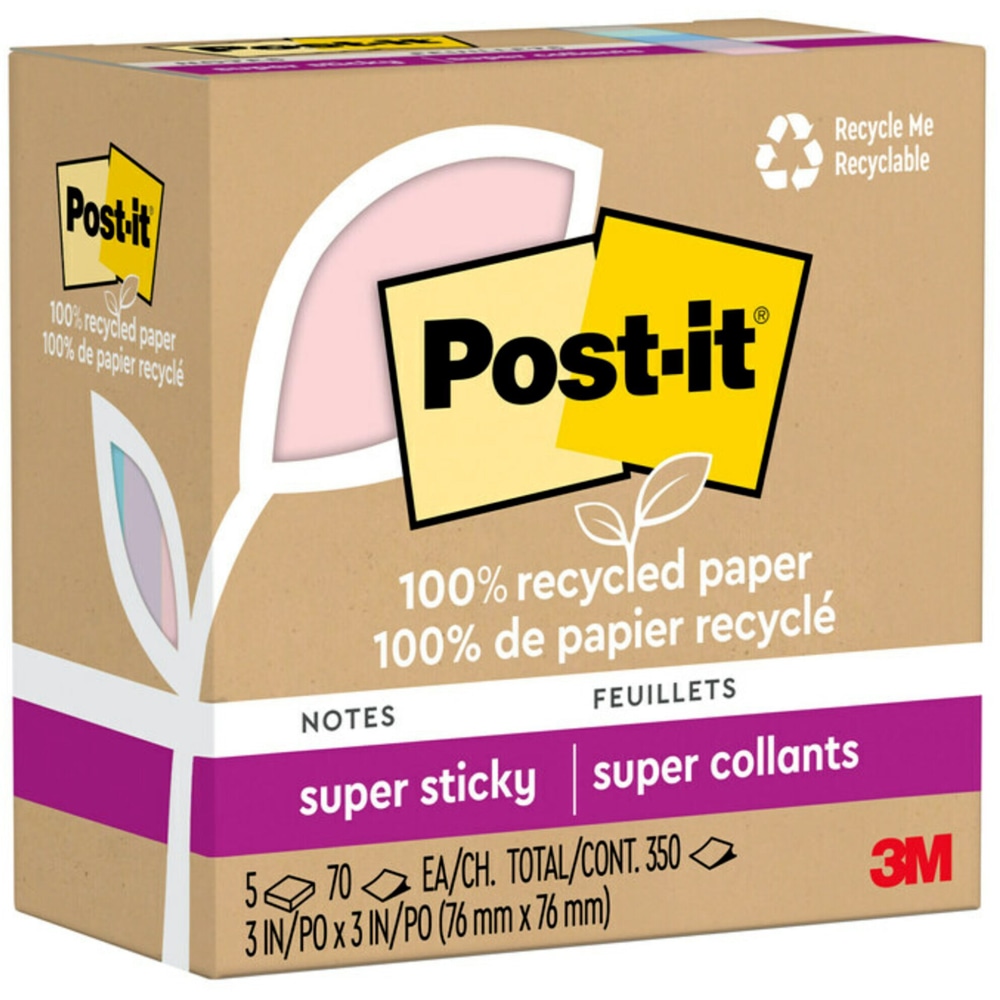 Post-it 100% Recycled Paper Super Sticky Notes, 350 Total Notes, Pack Of 5 Pads, 3in x 3in, Wanderlust Pastels, 70 Notes Per Pad MPN:654R-5SSNRP