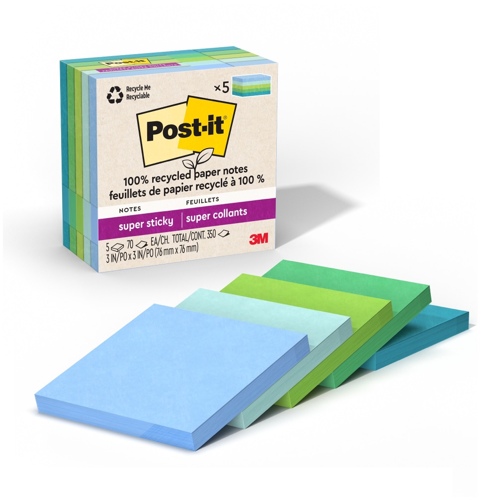 Post-it Super Sticky 100% Recycled Paper Notes, 3 x 3 in, 5 Sticky Note Pads, 70 Sheets/Pad, 2X the Sticking Power, School and Office Supplies, Oasis MPN:654R-5SST