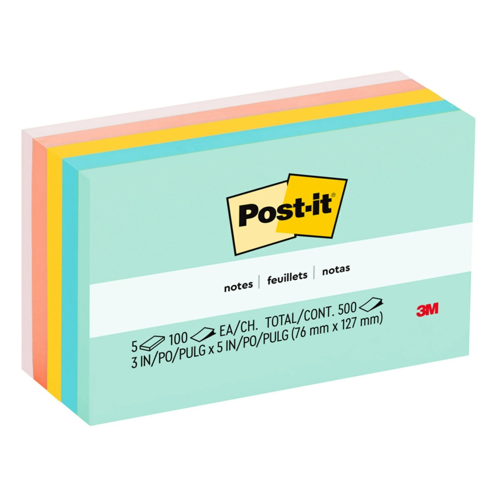 Post-it Notes, 3 in x 5 in, 5 Pads, 100 Sheets/Pad, Clean Removal, Beachside Cafe Collection (Min Order Qty 7) MPN:655-AST