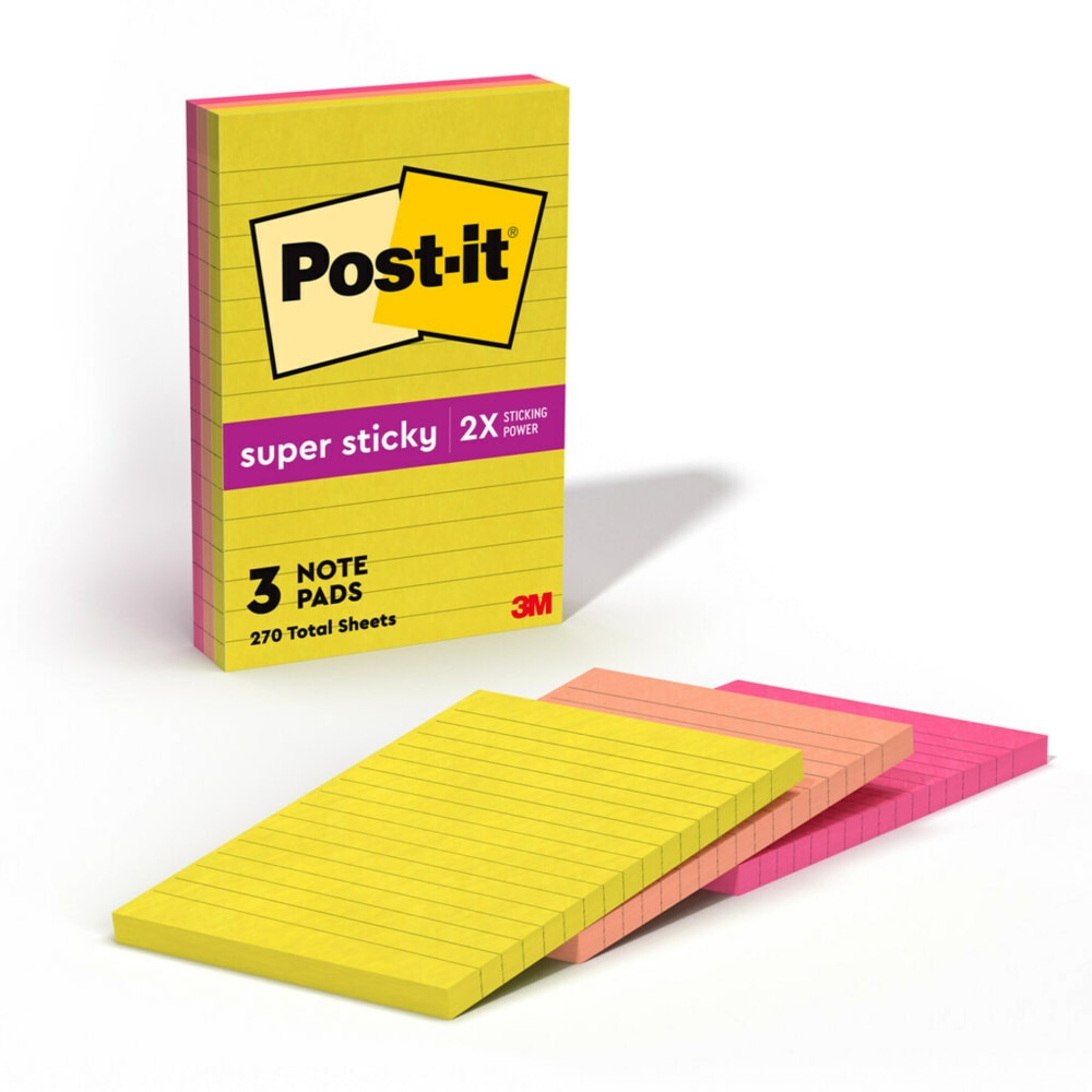 Post-it Super Sticky Notes, 4 in x 6 in, 3 Pads, 90 Sheets/Pad, 2x the Sticking Power, Summer Joy Collection, Lined MPN:660-3SSJOY