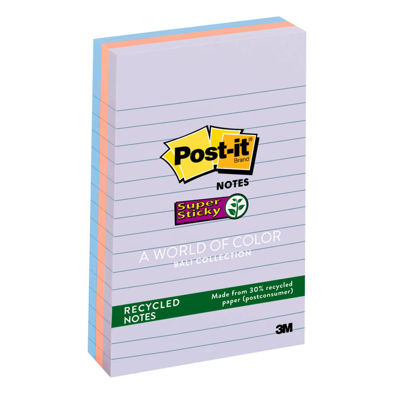 Post-it Recycled Super Sticky Notes, 4 in x 6 in, 3 Pads, 90 Sheets/Pad, Wanderlust Pastels Collection, Lined, 30% Recycled (Min Order Qty 5) MPN:660-3SSNRP