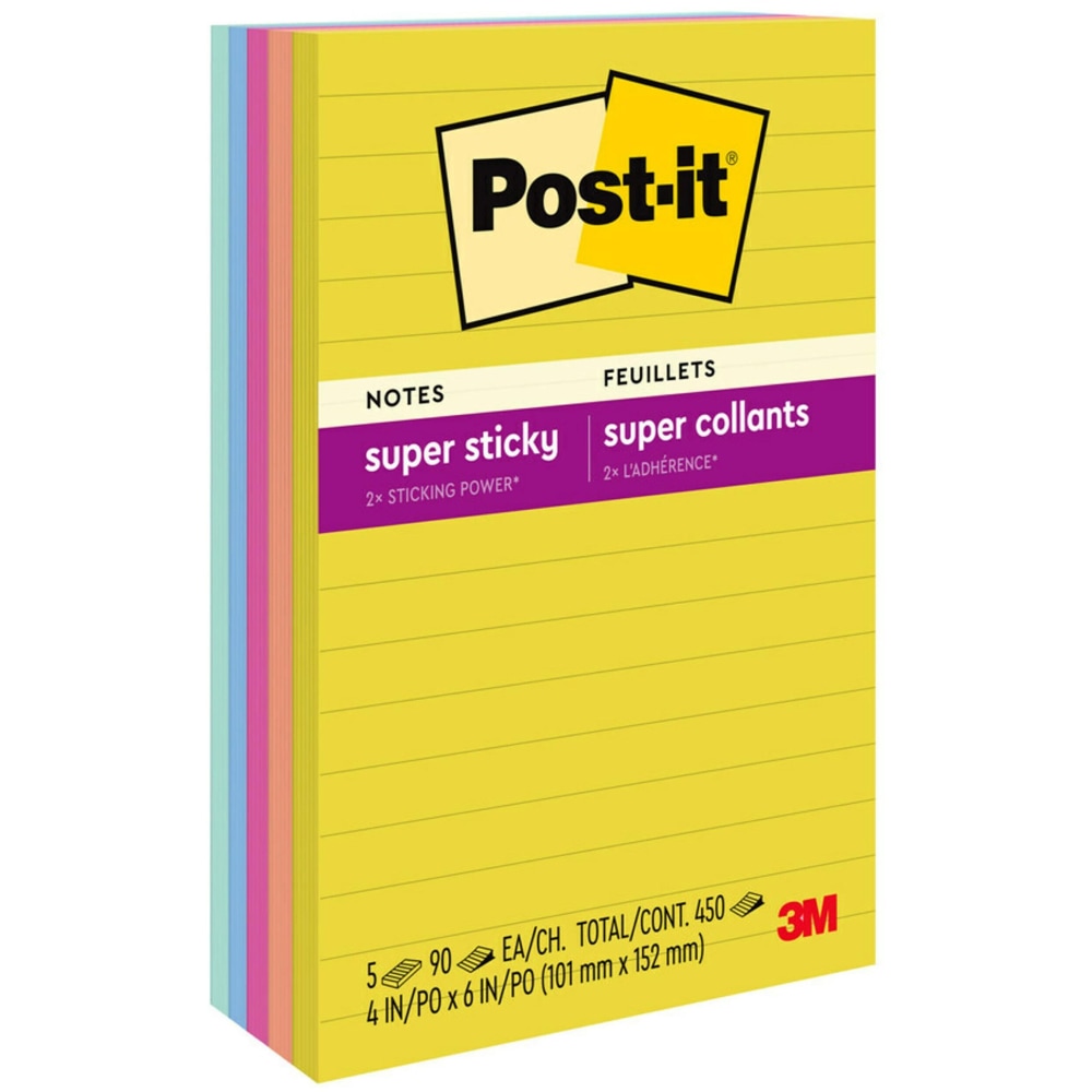 Post-it Super Sticky Notes, 5 Pads, 90 Sheets, 4 in x 6 in, 2x Sticking Power, School Supplies & Office Products - 6605SSJOY MPN:660-5SSJOY