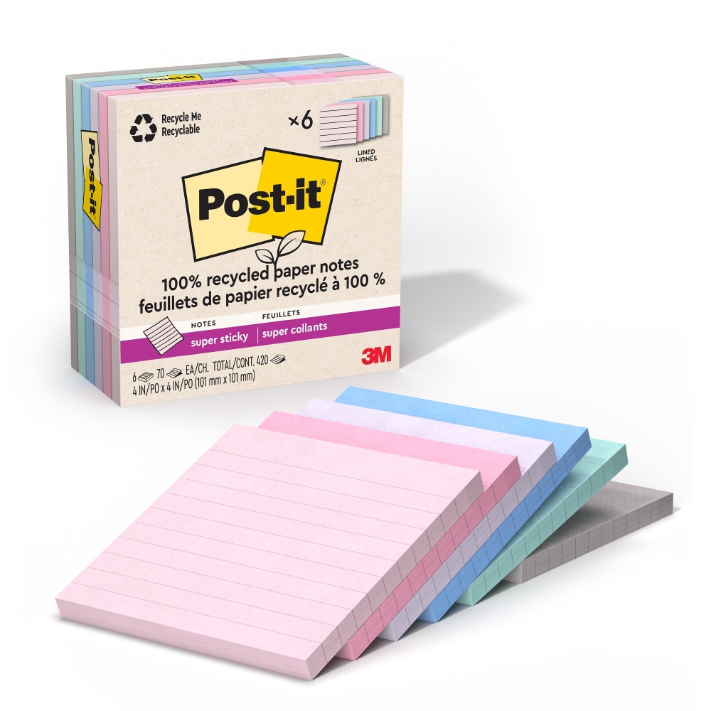Post-it Super Sticky 100% Recycled Paper Notes, 4 x 4 in, 6 Lined Sticky Note Pads, 70 Sheets/Pad, School and Office Supplies, Wanderlust Pastels MPN:675R-6SSNRP