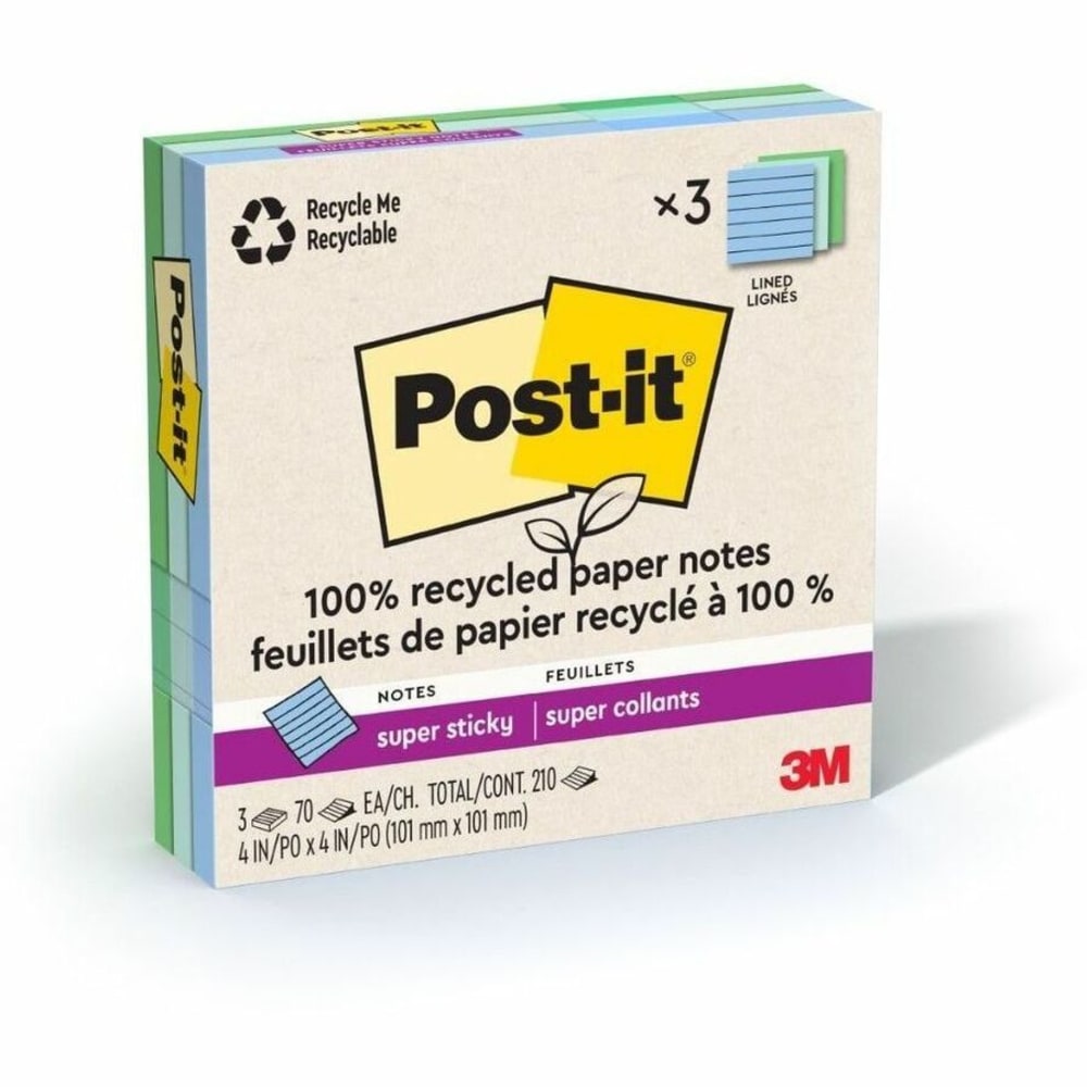 Post-it Super Sticky Adhesive Note - 210 - 4in Flag/Note Wx4in Flag/Note L- 70 Sheets per Pad - Ruled - Assorted Oasis - 3/Pack - 675R3SST MPN:675R3SST