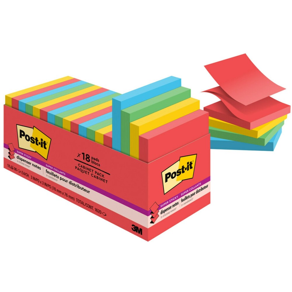 Post-it Super Sticky Dispenser Notes, 1800 Total Notes, Pack Of 18 Pads, 3in x 3in, Playful Primaries Collection, 100 Notes Per Pad MPN:R330-18SSAN-CP
