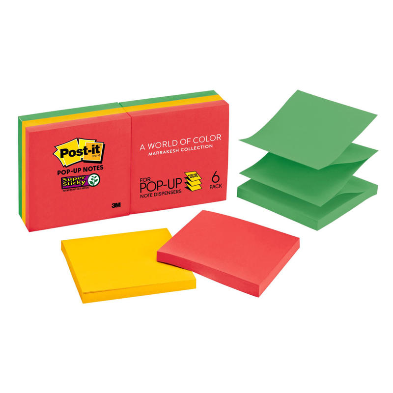 Post-it Super Sticky Pop Up Notes, 3 in x 3 in, 6 Pads, 90 Sheets/Pad, 2x the Sticking Power, Playful Primaries Collection (Min Order Qty 8) MPN:R330-6SSAN