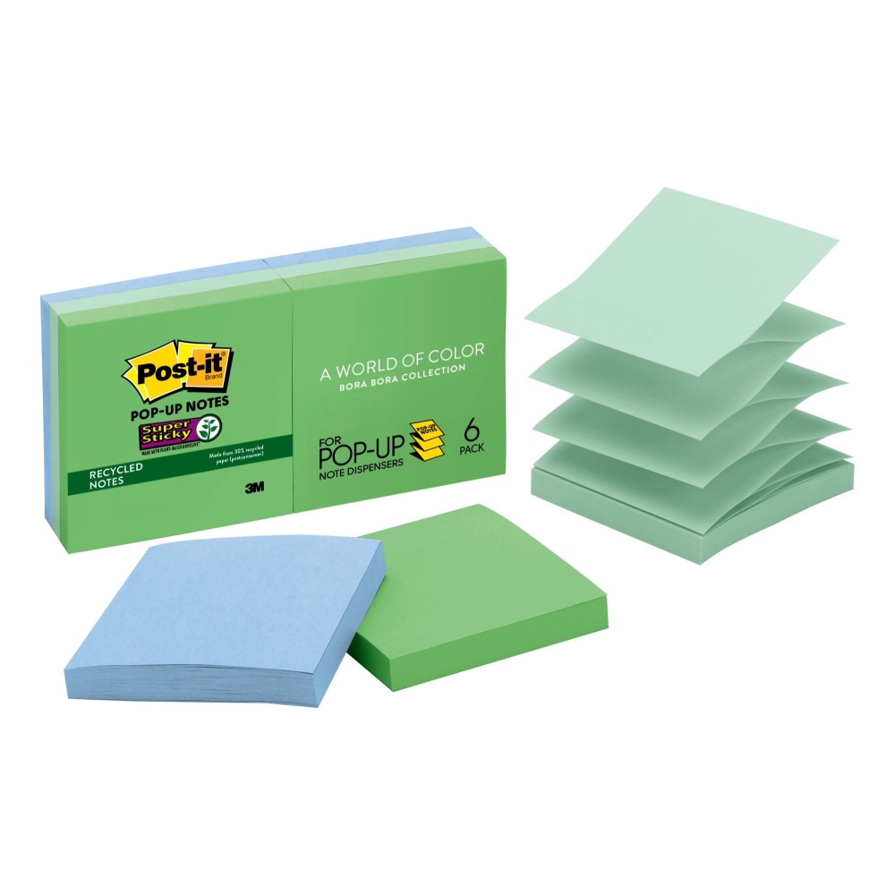 Post-it Super Sticky Pop Up Notes, 3 in x 3 in, 6 Pads, 90 Sheets/Pad, 2x the Sticking Power, Oasis Collection (Min Order Qty 6) MPN:R330-6SST