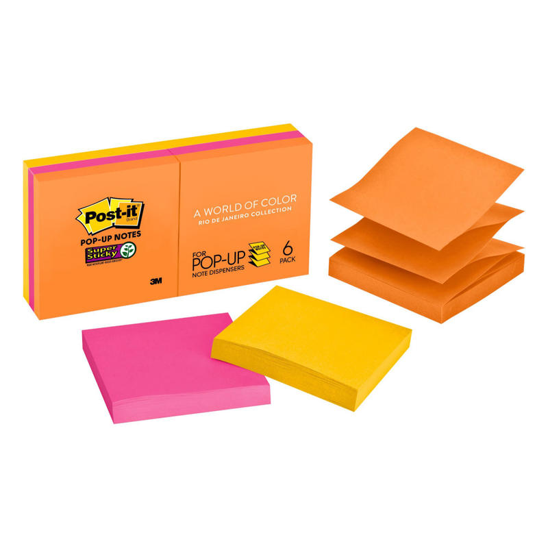 Post-it Super Sticky Notes, 3 in x 3 in, 6 Pads, 90 Sheets/Pad, 2x the Sticking Power, Energy Boost Collection (Min Order Qty 6) MPN:R330-6SSUC