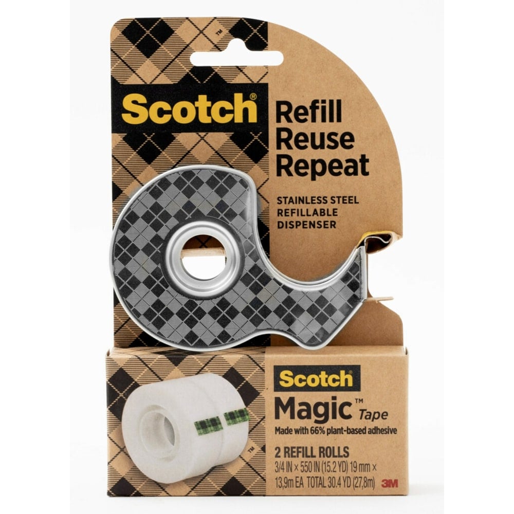 Scotch Stainless Steel Dispenser Starter Pack with Magic Tape, 0.75 in x 550 in, 2 Roll/Pack MPN:123R