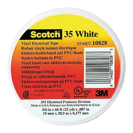 ElectricalTape, Wht, 6-5/8ydL, 1/2inW, PK100 MPN:10232