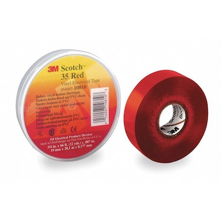 Vinyl Electrical Tape, 35, Scotch, 3/4 in W x 66 ft L, 7 mil thick, Red MPN:10810