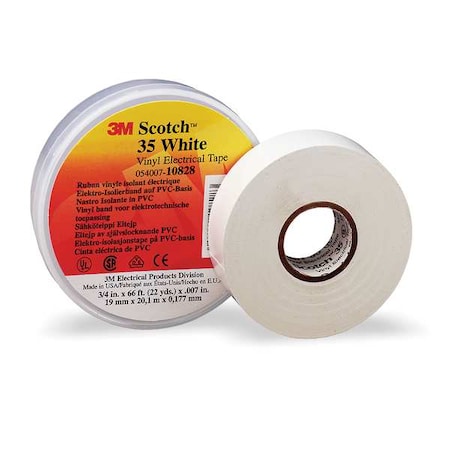 Vinyl Electrical Tape, 35, Scotch, 3/4 in W x 66 ft L, 7 mil thick, White MPN:10828