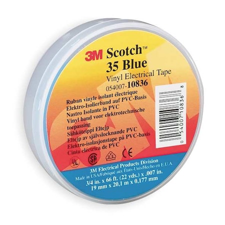 Vinyl Electrical Tape, 35, Scotch, 3/4 in W x 66 ft L, 7 mil thick, Blue MPN:10836