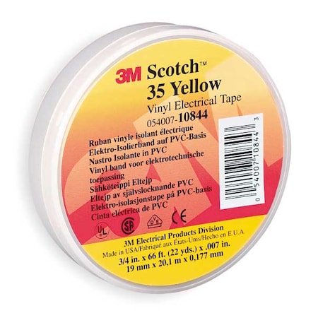 Vinyl Electrical Tape, 35, Scotch, 3/4 in W x 66 ft L, 7 mil thick, Yellow MPN:10844
