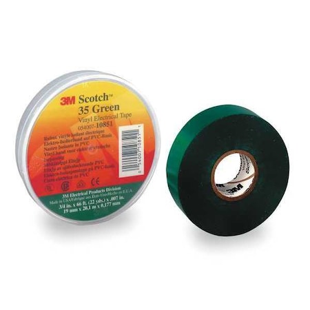 Vinyl Electrical Tape, 35, Scotch, 3/4 in W x 66 ft L, 7 mil thick, Green MPN:10851