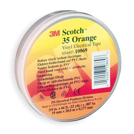 Vinyl Electrical Tape, 35, Scotch, 3/4 in W x 66 ft L, 7 mil thick, Orange MPN:10869