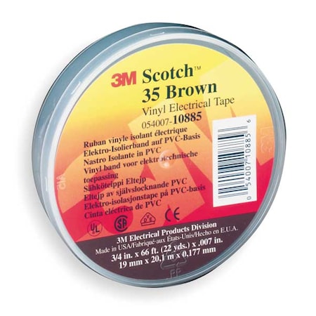 Vinyl Electrical Tape, 35, Scotch, 3/4 in W x 66 ft L, 7 mil thick, Brown MPN:10885
