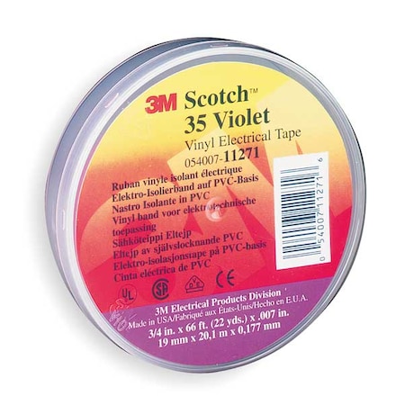 Vinyl Electrical Tape, 35, Scotch, 3/4 in W x 66 ft L, 7 mil Thick, Violet MPN:11271