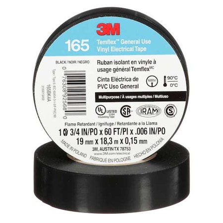 Vinyl Electrical Tape, 165 Temflex, 3/4 in W x 20 yd L, 6 mil Thick, Black MPN:165BK4A