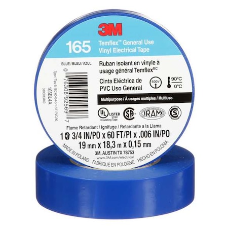 Vinyl Electrical Tape, 165, Temflex, 3/4 in W x 60 ft L, 6 mil thick, Blue MPN:165BL4A
