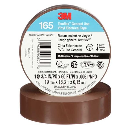 Vinyl Electrical Tape, 165 Temflex, 3/4 in W x 60 ft L, 6 mil Thick, Brown MPN:165BR4A
