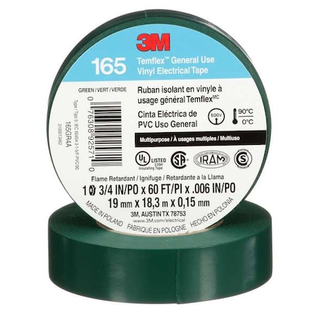 ElectricalTape, Vinyl, Green, 20ydL, 3/4inW MPN:165GR4A
