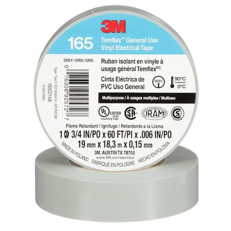 Vinyl Electrical Tape, 165 Temflex, 3/4 in W x 60 ft L, 6 mil Thick, Gray, 1 Pk MPN:165GY4A