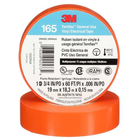 Vinyl Electrical Tape, 165 Temflex, 3/4 in W x 60 ft L, 6 mil Thick, Orange MPN:165OR4A