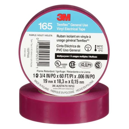 Electrical Tape, Vinyl, Purple, 20 yd L, 3/4 in W MPN:165PR4A