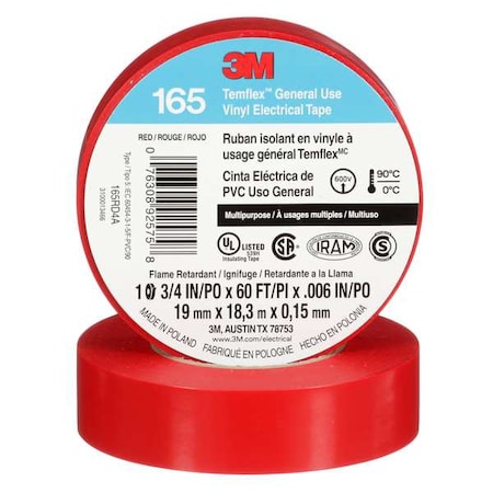 Vinyl Electrical Tape, 165 Temflex, 3/4 in W x 60 ft L, 6 mil Thick, Red MPN:165RD4A