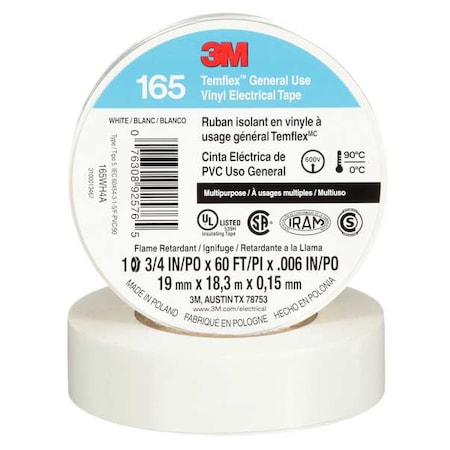 Vinyl Electrical Tape, 165, Temflex, 3/4 in W x 60 ft L, 6 mil thick, White MPN:165WH4A